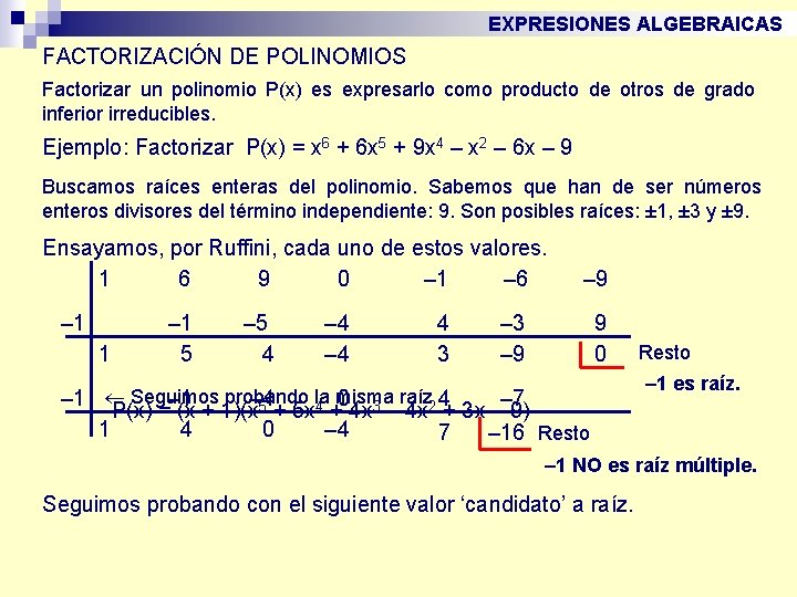 EXPRESIONES ALGEBRAICAS FACTORIZACIÓN DE POLINOMIOS Factorizar un polinomio P(x) es expresarlo como producto de