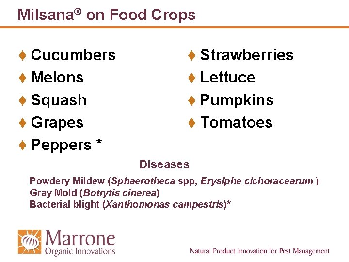 Milsana® on Food Crops t Cucumbers t Strawberries t Melons t Lettuce t Squash