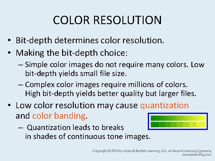 COLOR RESOLUTION • Bit-depth determines color resolution. • Making the bit-depth choice: – Simple COLOR RESOLUTION • Bit-depth determines color resolution. • Making the bit-depth choice: – Simple