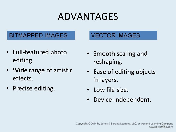 ADVANTAGES BITMAPPED IMAGES • Full-featured photo editing. • Wide range of artistic effects. • ADVANTAGES BITMAPPED IMAGES • Full-featured photo editing. • Wide range of artistic effects. •