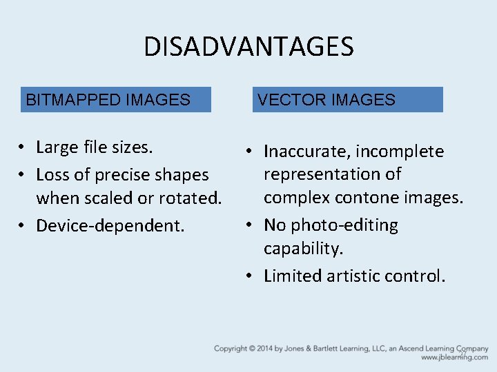DISADVANTAGES BITMAPPED IMAGES • Large file sizes. • Loss of precise shapes when scaled DISADVANTAGES BITMAPPED IMAGES • Large file sizes. • Loss of precise shapes when scaled