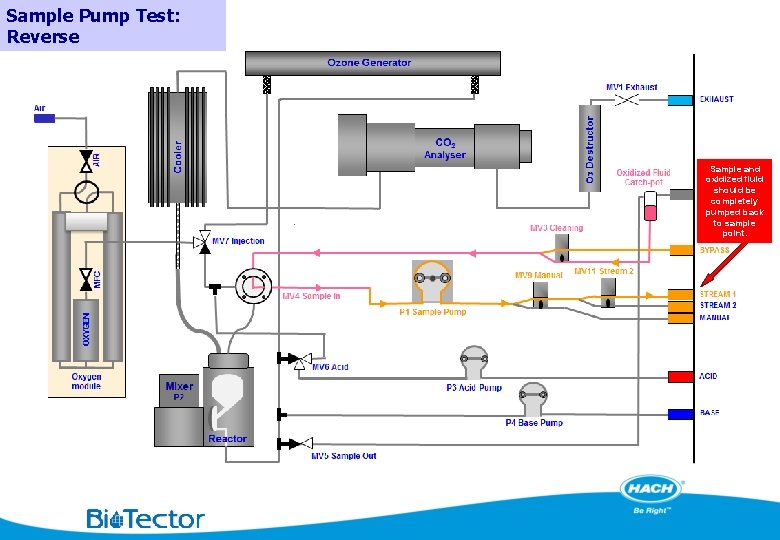 Sample Pump Test: Reverse Sample and oxidized fluid should be completely pumped back to