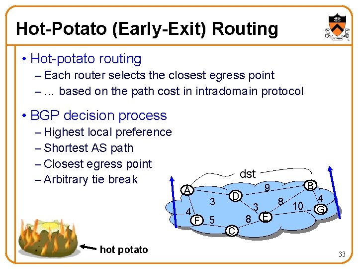 Hot-Potato (Early-Exit) Routing • Hot-potato routing – Each router selects the closest egress point