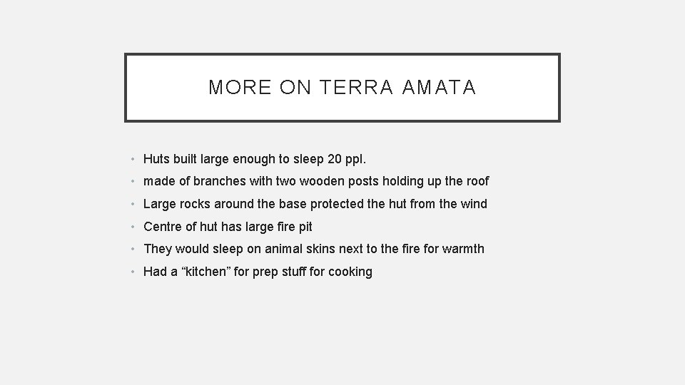 MORE ON TERRA AMATA • Huts built large enough to sleep 20 ppl. •
