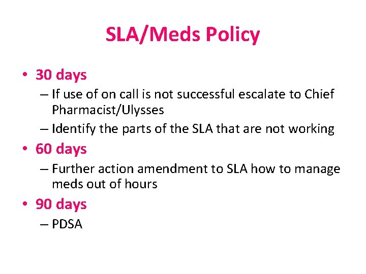 SLA/Meds Policy • 30 days – If use of on call is not successful