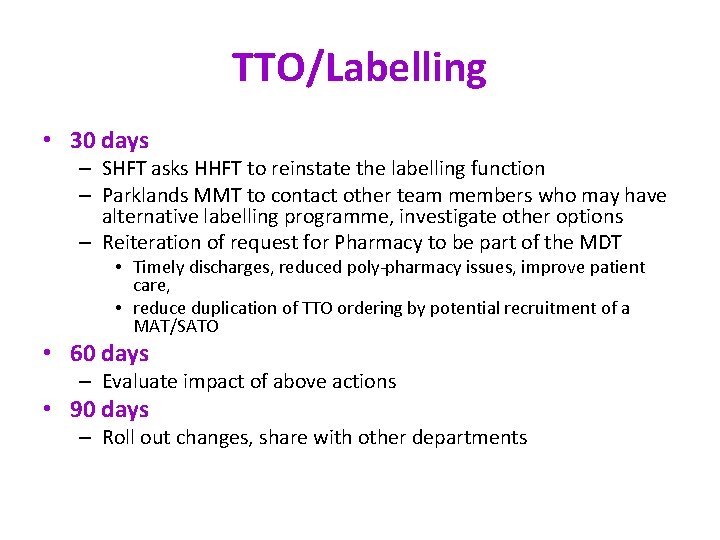 TTO/Labelling • 30 days – SHFT asks HHFT to reinstate the labelling function –