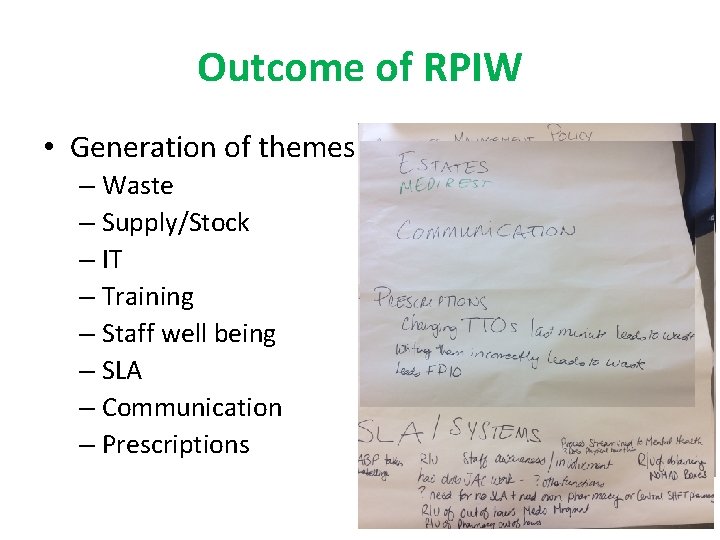 Outcome of RPIW • Generation of themes – Waste – Supply/Stock – IT –
