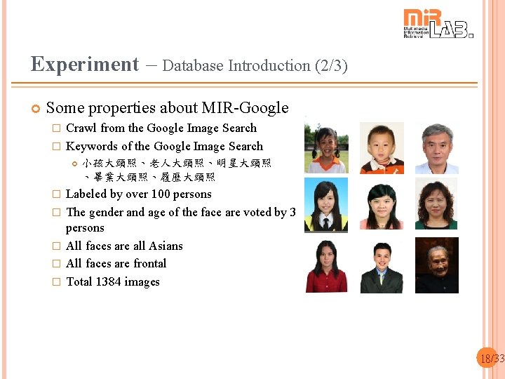 Experiment – Database Introduction (2/3) Some properties about MIR-Google Crawl from the Google Image