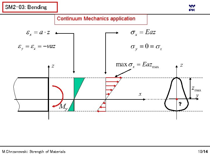 SM 2 -03: Bending Continuum Mechanics application z z x My M. Chrzanowski: Strength