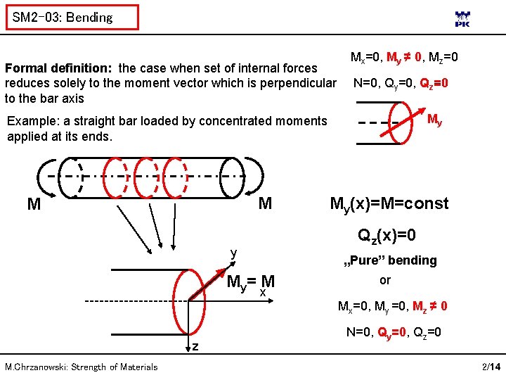 SM 2 -03: Bending Formal definition: the case when set of internal forces reduces