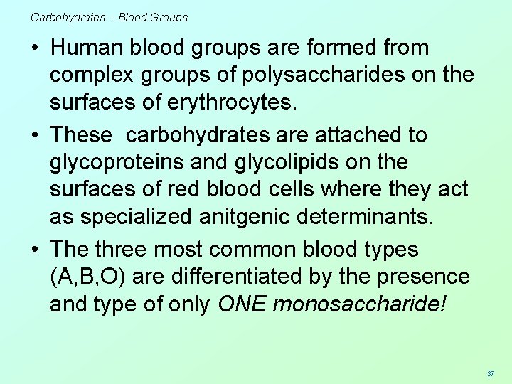 Carbohydrates – Blood Groups • Human blood groups are formed from complex groups of