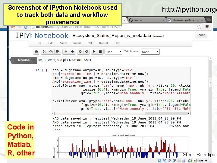 Screenshot of IPython Notebook used to track both data and workflow provenance Code in