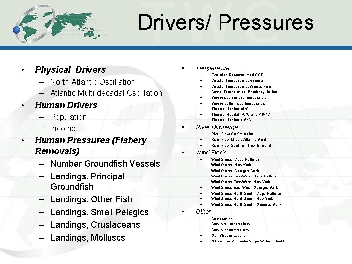 Drivers/ Pressures • Physical Drivers • – – – – – North Atlantic Oscillation