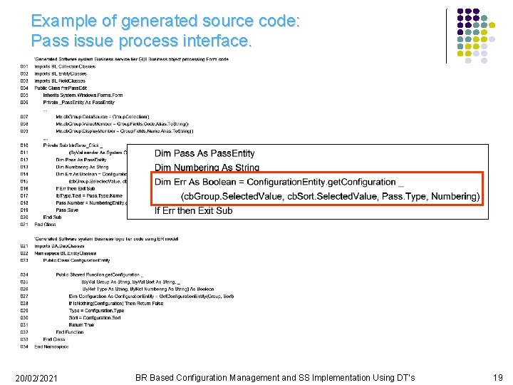 Example of generated source code: Pass issue process interface. 20/02/2021 BR Based Configuration Management