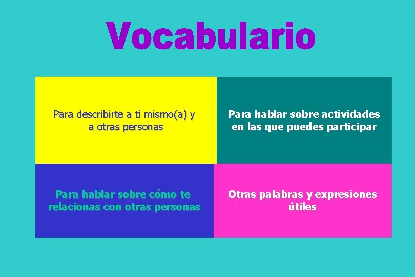 Para describirte a ti mismo(a) y a otras personas Para hablar sobre actividades en