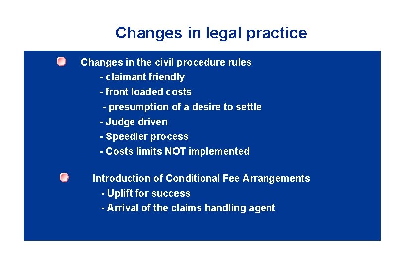 Changes in legal practice Changes in the civil procedure rules - claimant friendly -