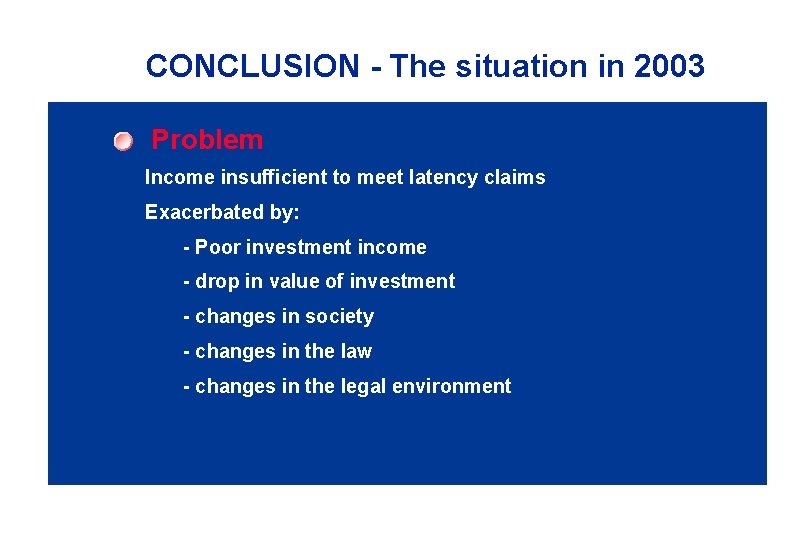 CONCLUSION - The situation in 2003 Problem Income insufficient to meet latency claims Exacerbated
