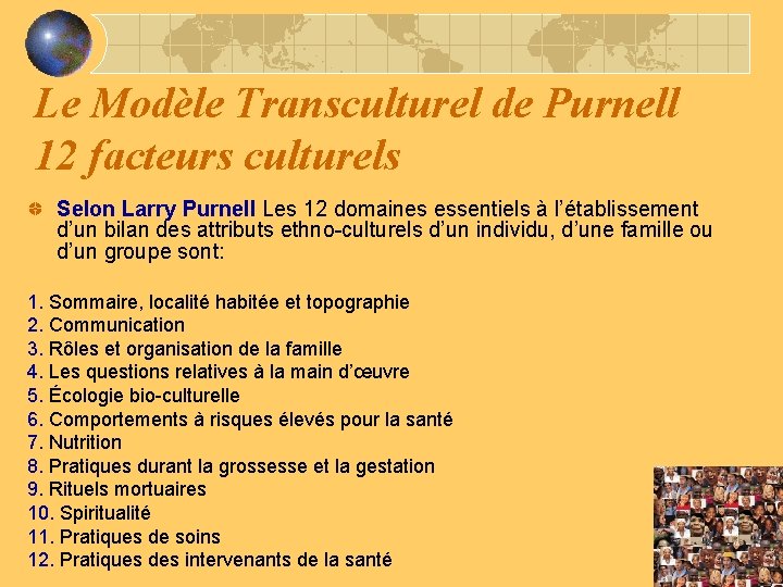 Le Modèle Transculturel de Purnell 12 facteurs culturels Selon Larry Purnell Les 12 domaines