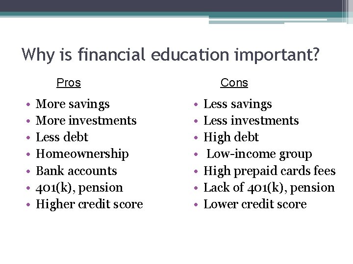 Why is financial education important? Pros • • More savings More investments Less debt