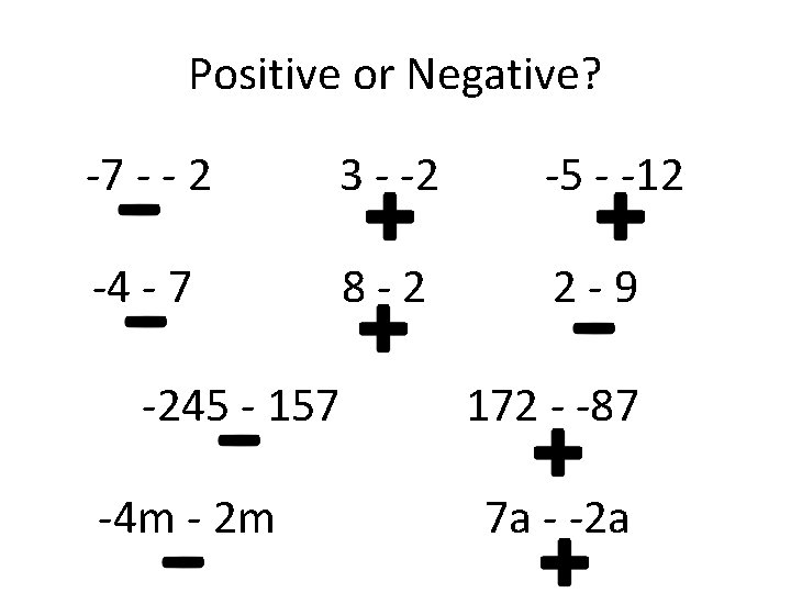 Positive or Negative? -7 - - 2 3 - -2 -5 - -12 -4