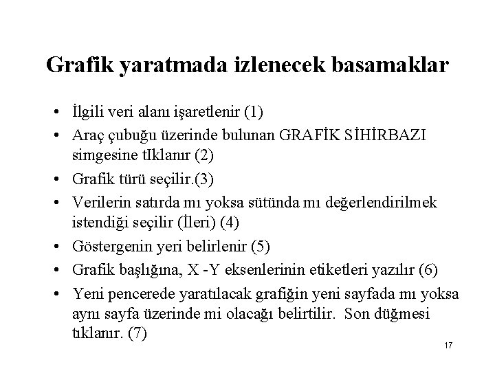 Grafik yaratmada izlenecek basamaklar • İlgili veri alanı işaretlenir (1) • Araç çubuğu üzerinde