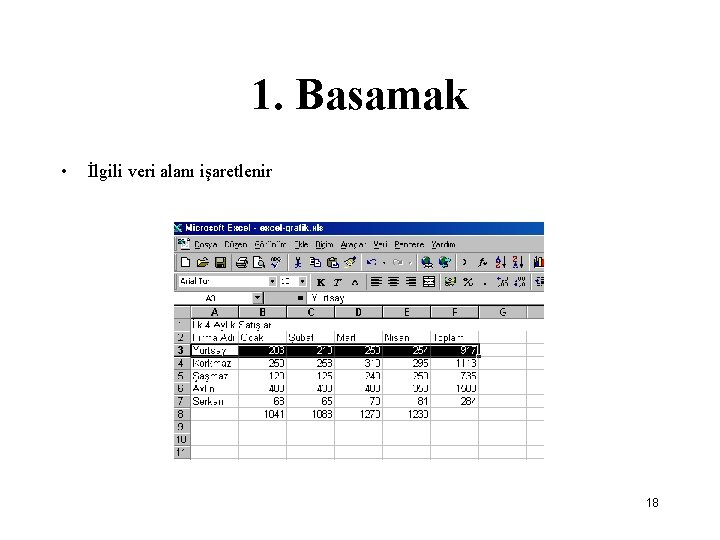 1. Basamak • İlgili veri alanı işaretlenir 18 