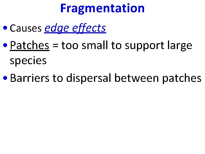 Fragmentation • Causes edge effects • Patches = too small to support large species