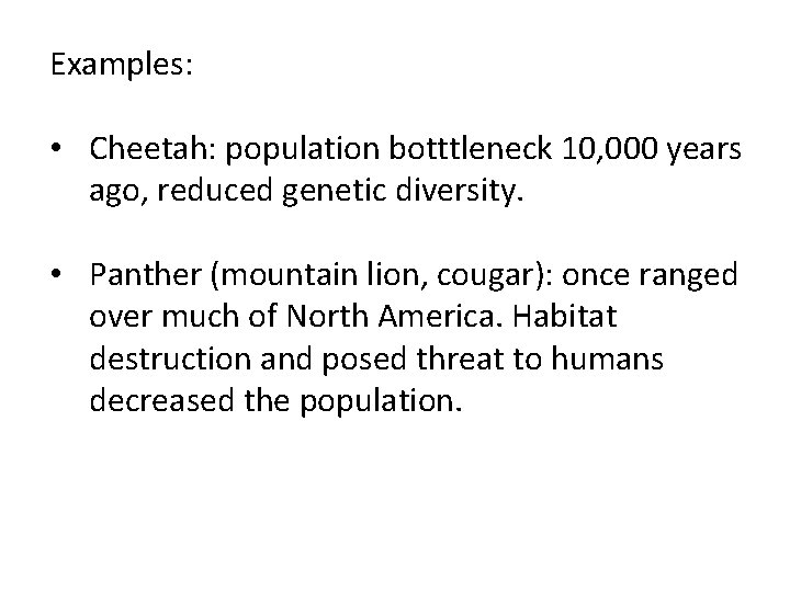 Examples: • Cheetah: population botttleneck 10, 000 years ago, reduced genetic diversity. • Panther