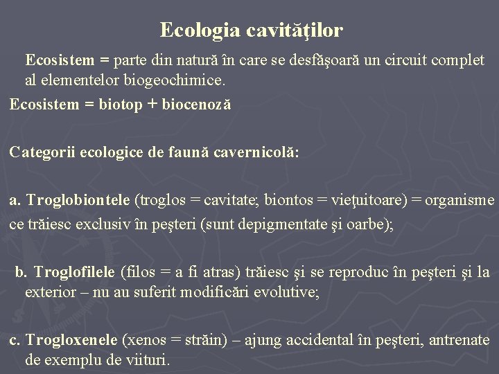 Ecologia cavităţilor Ecosistem = parte din natură în care se desfăşoară un circuit complet