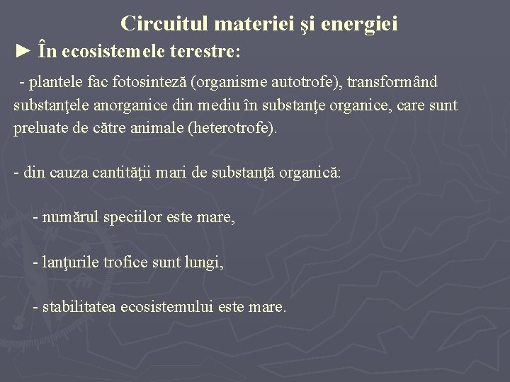 Circuitul materiei şi energiei ► În ecosistemele terestre: - plantele fac fotosinteză (organisme autotrofe),