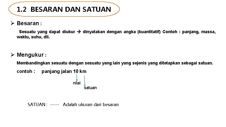 1. 2 BESARAN DAN SATUAN Ø Besaran : Sesuatu yang dapat diukur dinyatakan dengan