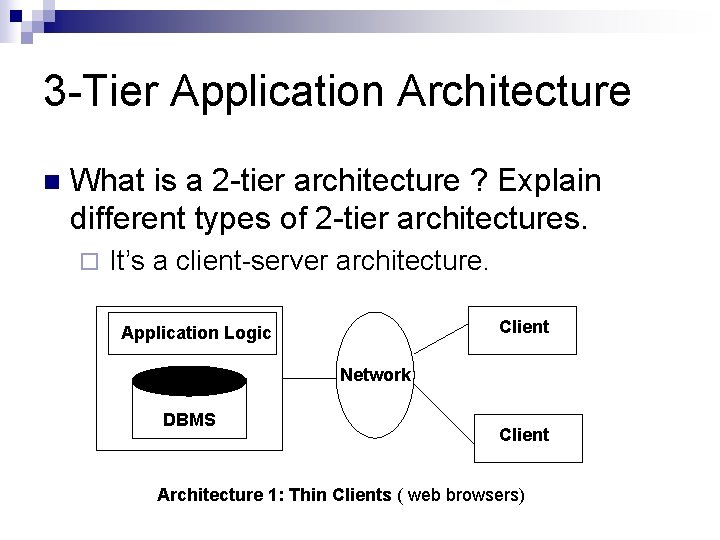 3 -Tier Application Architecture n What is a 2 -tier architecture ? Explain different