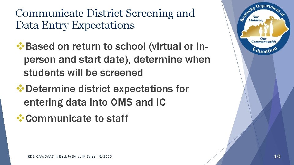 Communicate District Screening and Data Entry Expectations v. Based on return to school (virtual