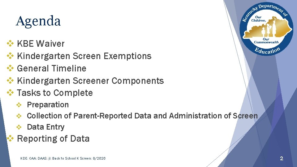 Agenda v KBE Waiver v Kindergarten Screen Exemptions v General Timeline v Kindergarten Screener
