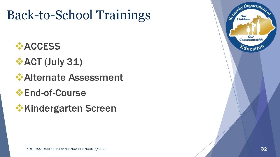 Back-to-School Trainings v. ACCESS v. ACT (July 31) v. Alternate Assessment v. End-of-Course v.