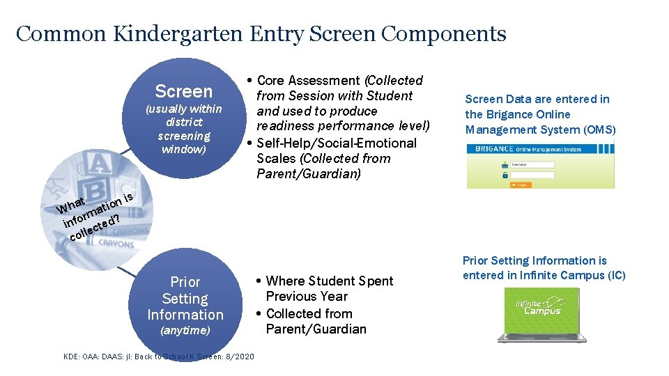 Common Kindergarten Entry Screen Components Screen (usually within district screening window) • Core Assessment