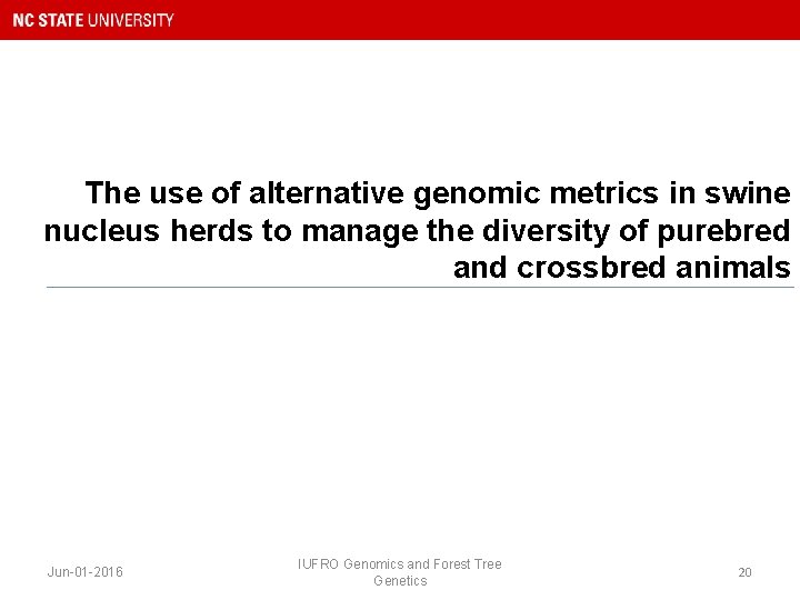The use of alternative genomic metrics in swine nucleus herds to manage the diversity