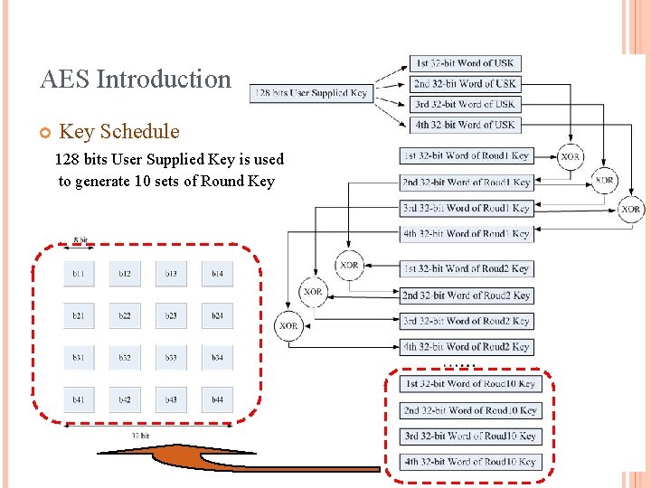 AES Introduction Key Schedule 128 bits User Supplied Key is used to generate 10