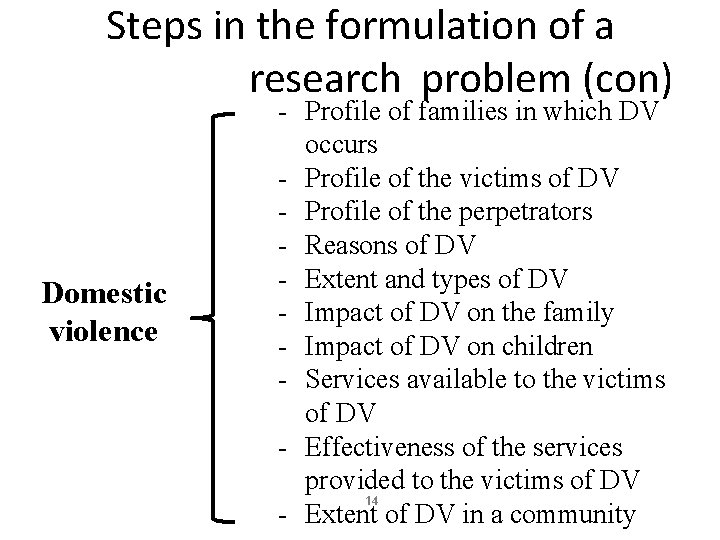 Steps in the formulation of a research problem (con) Domestic violence - Profile of