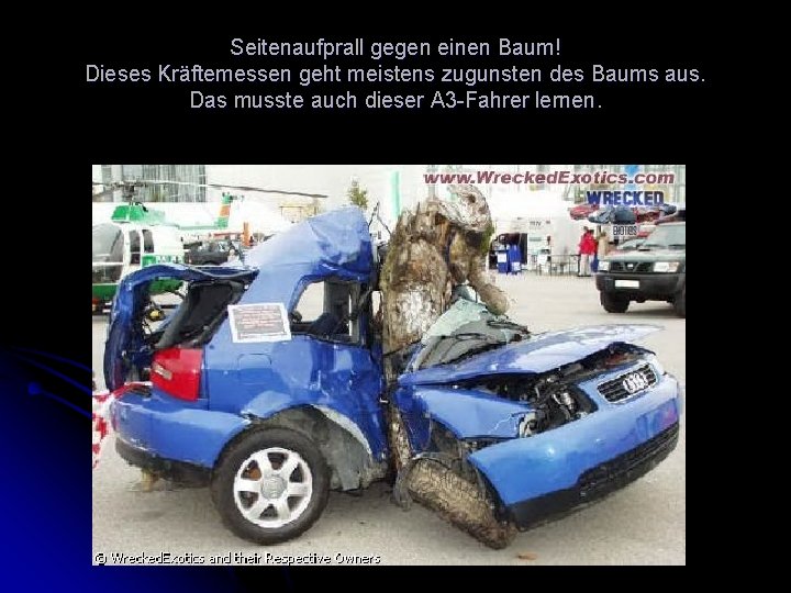 Seitenaufprall gegen einen Baum! Dieses Kräftemessen geht meistens zugunsten des Baums aus. Das musste