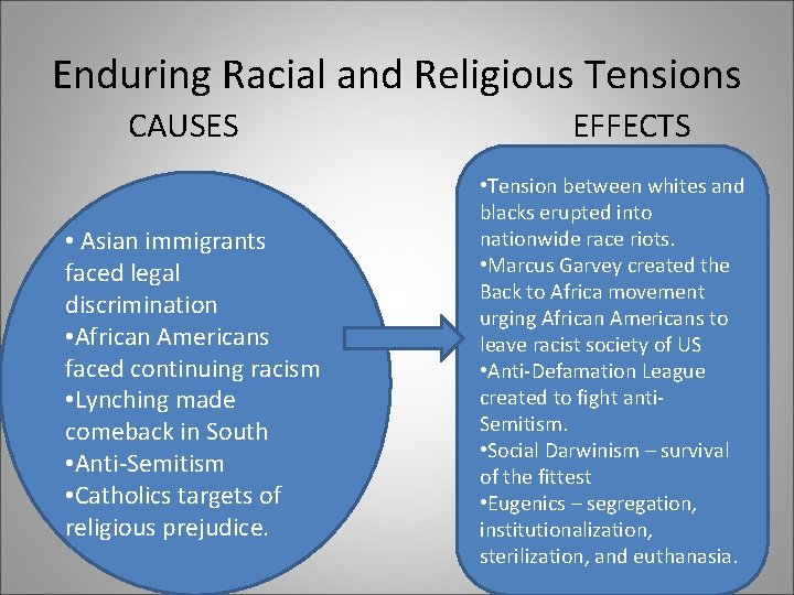 Enduring Racial and Religious Tensions CAUSES • Asian immigrants faced legal discrimination • African