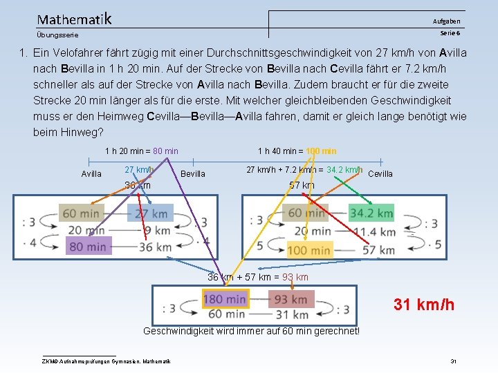 Mathematik Aufgaben Serie 6 Übungsserie 1. Ein Velofahrer fährt zügig mit einer Durchschnittsgeschwindigkeit von