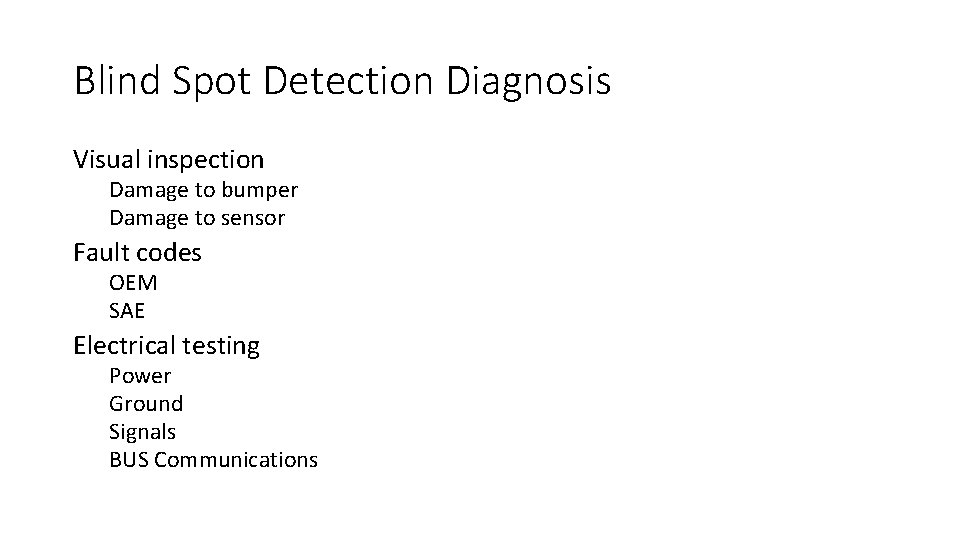 Blind Spot Detection Diagnosis Visual inspection Damage to bumper Damage to sensor Fault codes