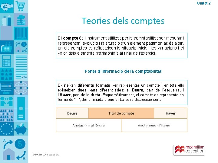 Unitat 2 Teories dels comptes El compte és l’instrument utilitzat per la comptabilitat per