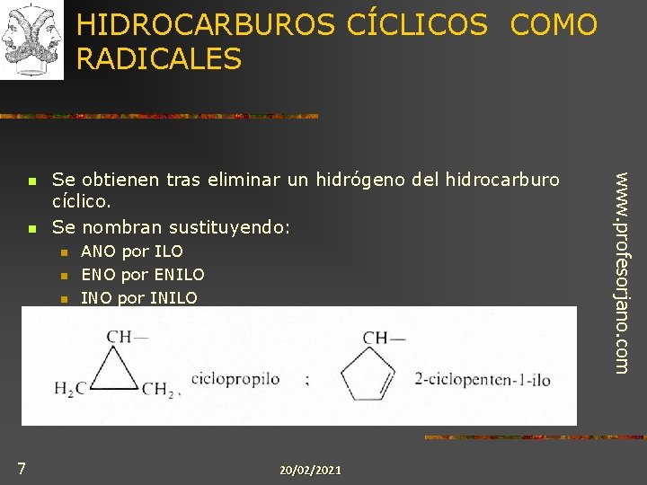 HIDROCARBUROS CÍCLICOS COMO RADICALES n Se obtienen tras eliminar un hidrógeno del hidrocarburo cíclico.