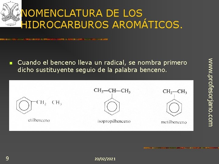 NOMENCLATURA DE LOS HIDROCARBUROS AROMÁTICOS. 9 Cuando el benceno lleva un radical, se nombra