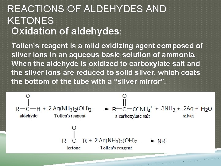 REACTIONS OF ALDEHYDES AND KETONES Oxidation of aldehydes: Tollen’s reagent is a mild oxidizing