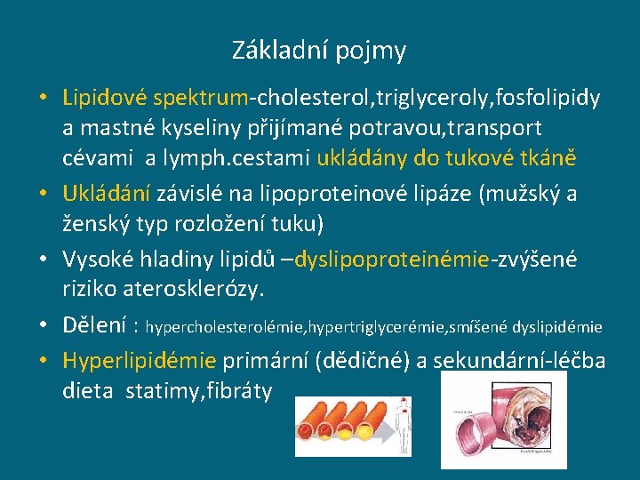 Základní pojmy • Lipidové spektrum-cholesterol, triglyceroly, fosfolipidy a mastné kyseliny přijímané potravou, transport cévami