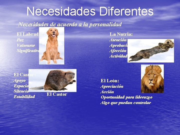 Necesidades Diferentes Necesidades de acuerdo a la personalidad El Labrador: La Nutria: Paz Valorarse