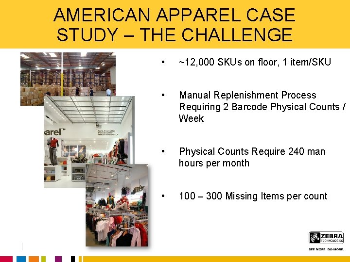AMERICAN APPAREL CASE STUDY – THE CHALLENGE • ~12, 000 SKUs on floor, 1